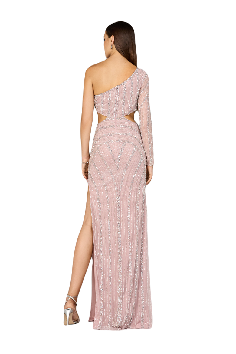 One Sleeve Beaded Gown with Cutouts, Alternate, color, Blush