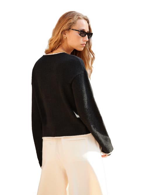 Ro&zo Long Sleeve Crew Neck Contrast Cardigan In Black