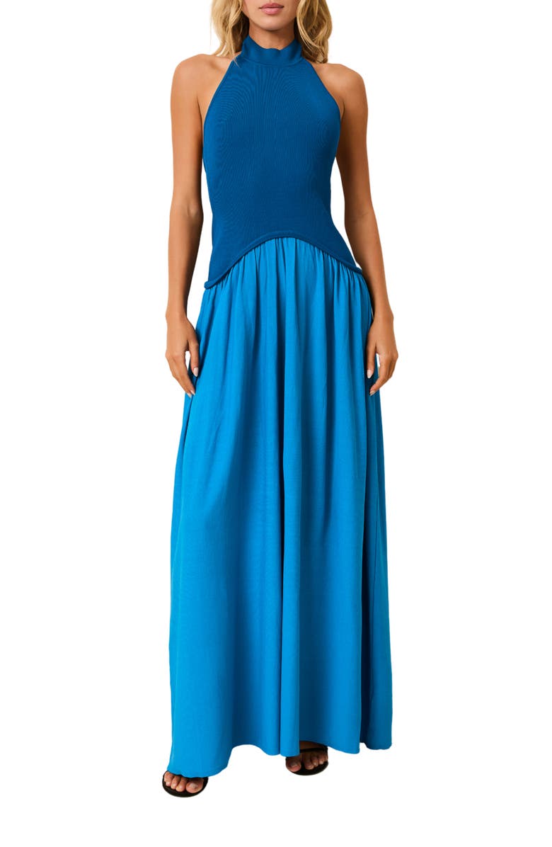 Solid & Striped The Soglio Halter Mixed Media Maxi Dress, Main, color, Cosmic Blue