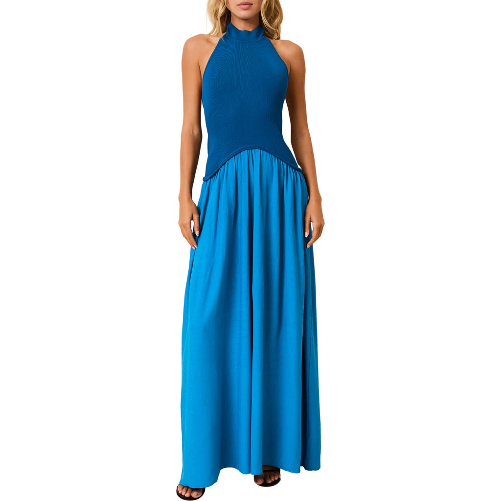 Solid & Striped The Soglio Halter Mixed Media Maxi Dress In Blue