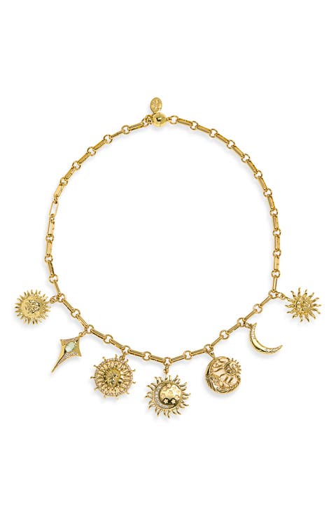 18k Gold Plated Cubic Zirconia Multicharm Solar Necklace