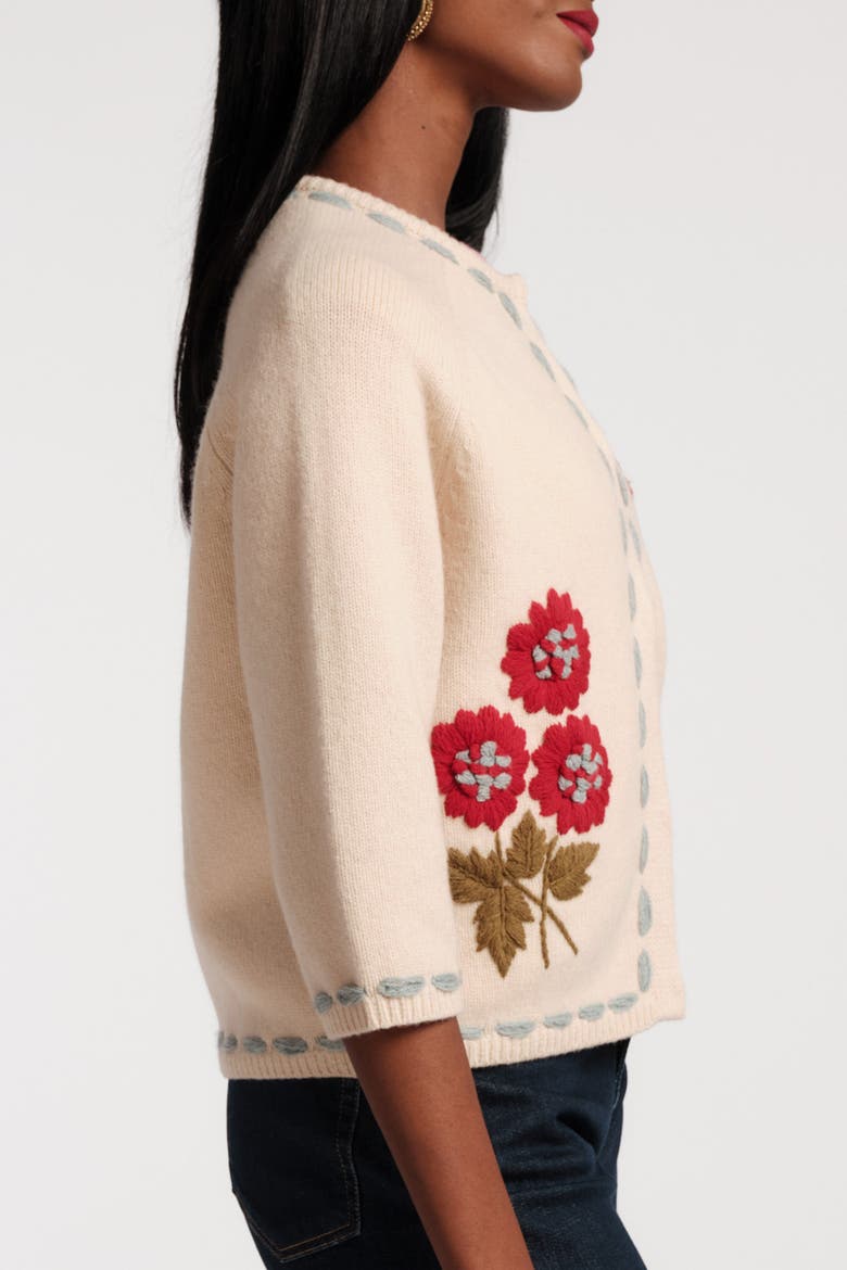 Blanket Stitch Border Cardi CoatFloating Floral 100% Lambswool, Alternate, color, Natural/Red/Light Blue