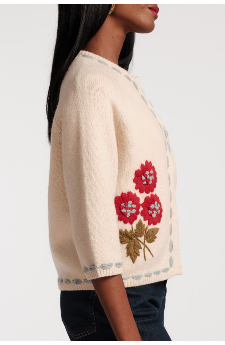 Frances Valentine Blanket Stitch Border Cardi CoatFloating Floral 100% Lambswool, Alternate, color, Natural/Red/Light Blue
