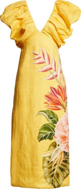 FARM Rio Spring Awakening Placed Floral Linen Dress