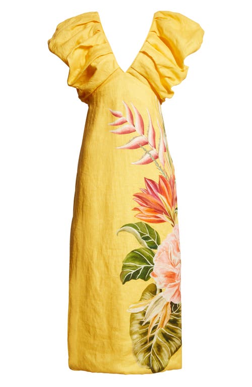 Shop Farm Rio Spring Awakening Placed Floral Linen Dress In Yellow
