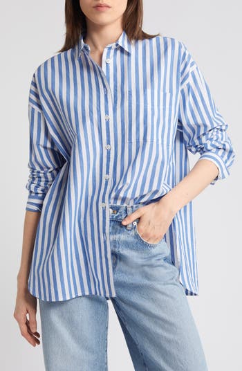 【Anyone more】Osen Off-shoulder Stripe Button T-shirt Madewell Signature Oversize Button-Up Shirt | Nordstromrack