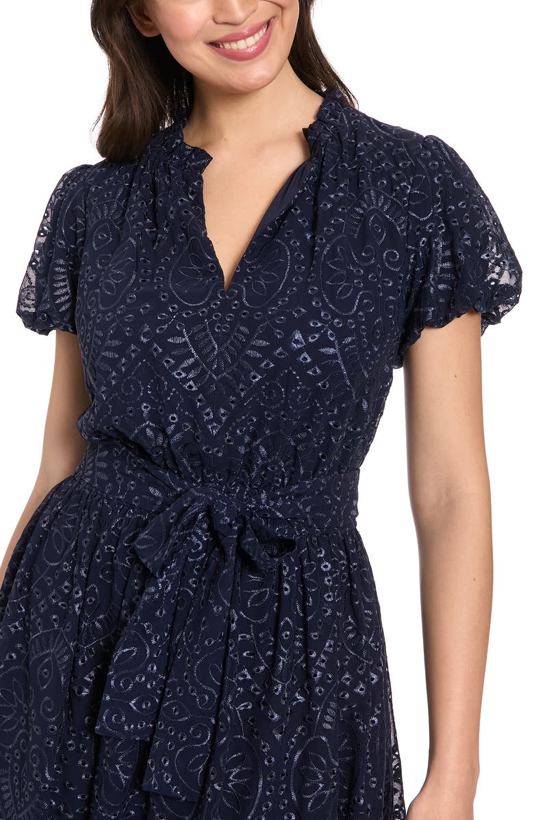 London Times Eyelet Embroidered Puff Sleeve Midi Dress, Alternate, color, Navy