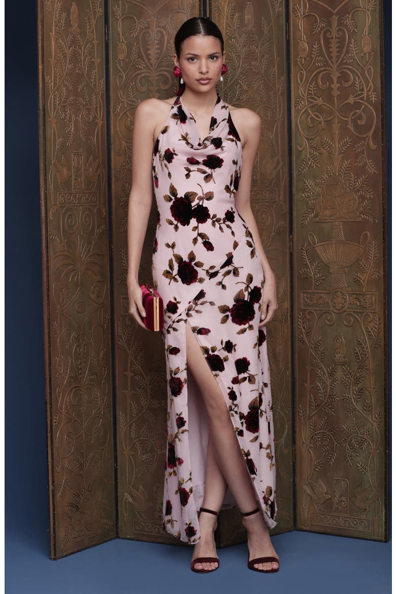 Floral Devoré Halter Maxi Cocktail Dress, Alternate, color, ROSE BURNOUT