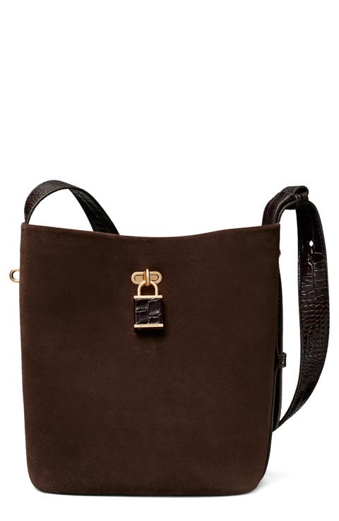Lock Suede Slim Medium Bucket Bag