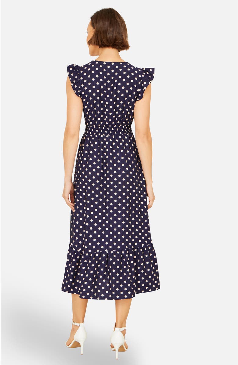 Yumi Spot Ruched Waist Midi Dress, Alternate, color, Navy