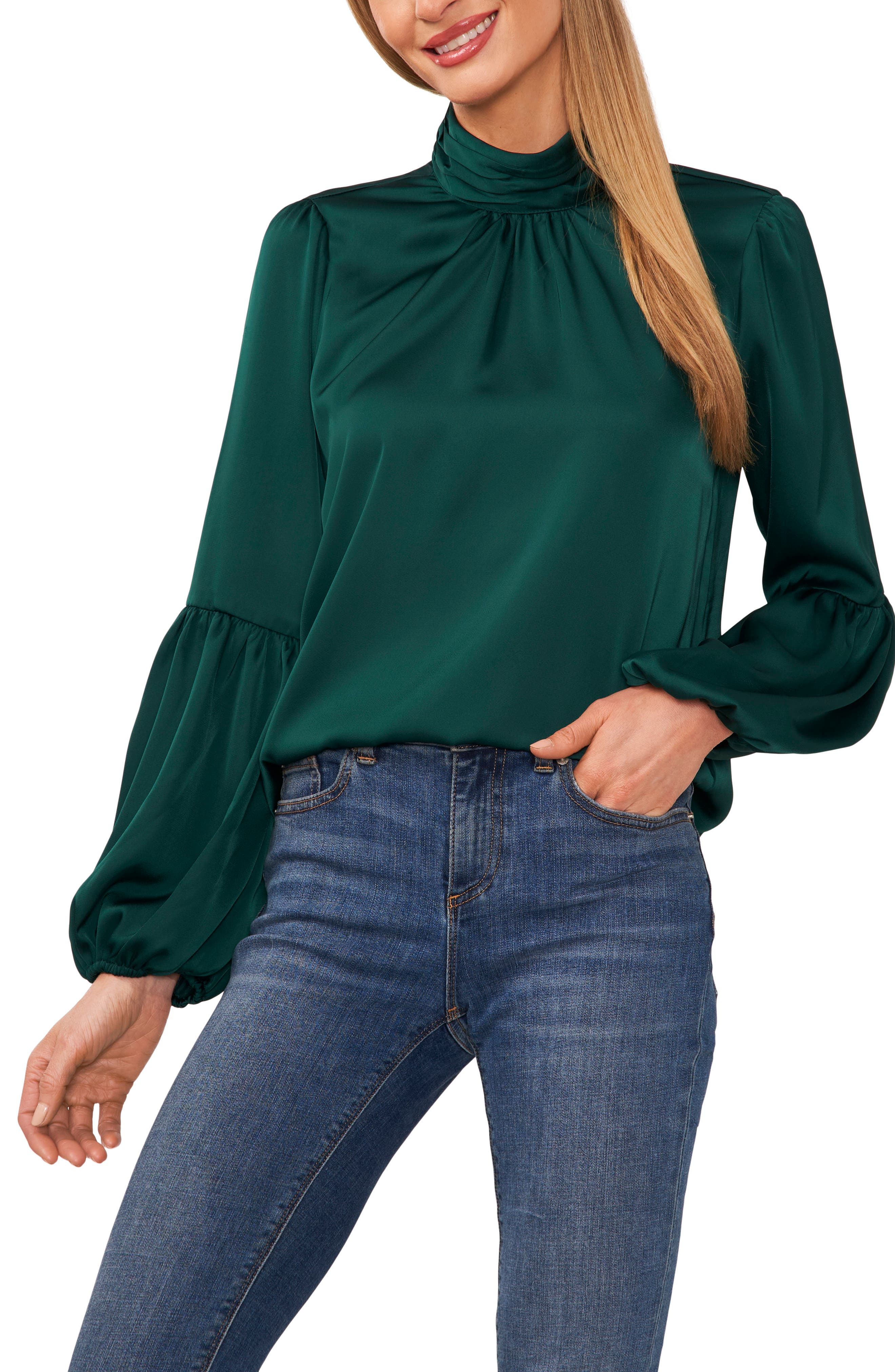 Mock Neck Blouson Sleeve Satin Top