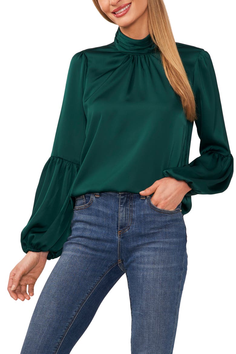 Mock Neck Blouson Sleeve Satin Top, Main, color, DARK FOREST