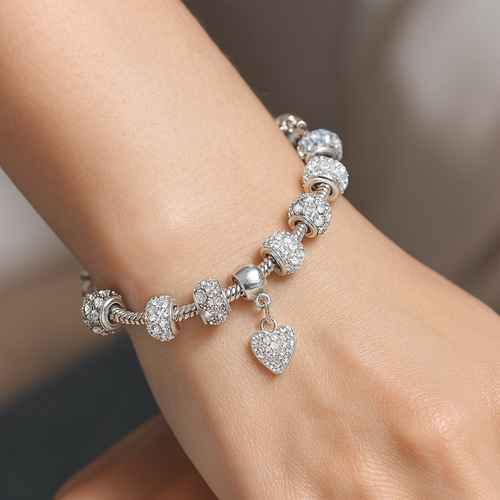 Donatello Gian Crystal Hearts Charm Bracelet In Silver