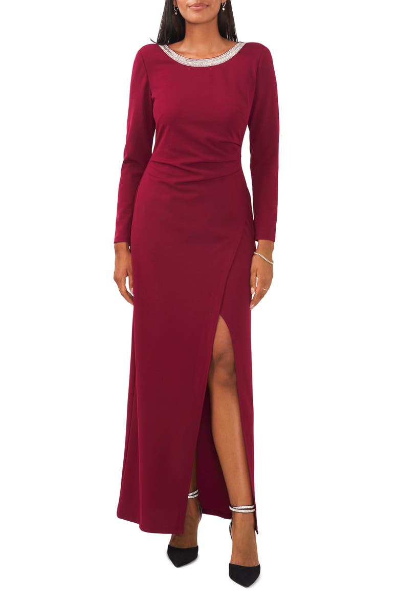 Crystal Detail Long Sleeve Gown, Main, color, MAJESTIC WINE