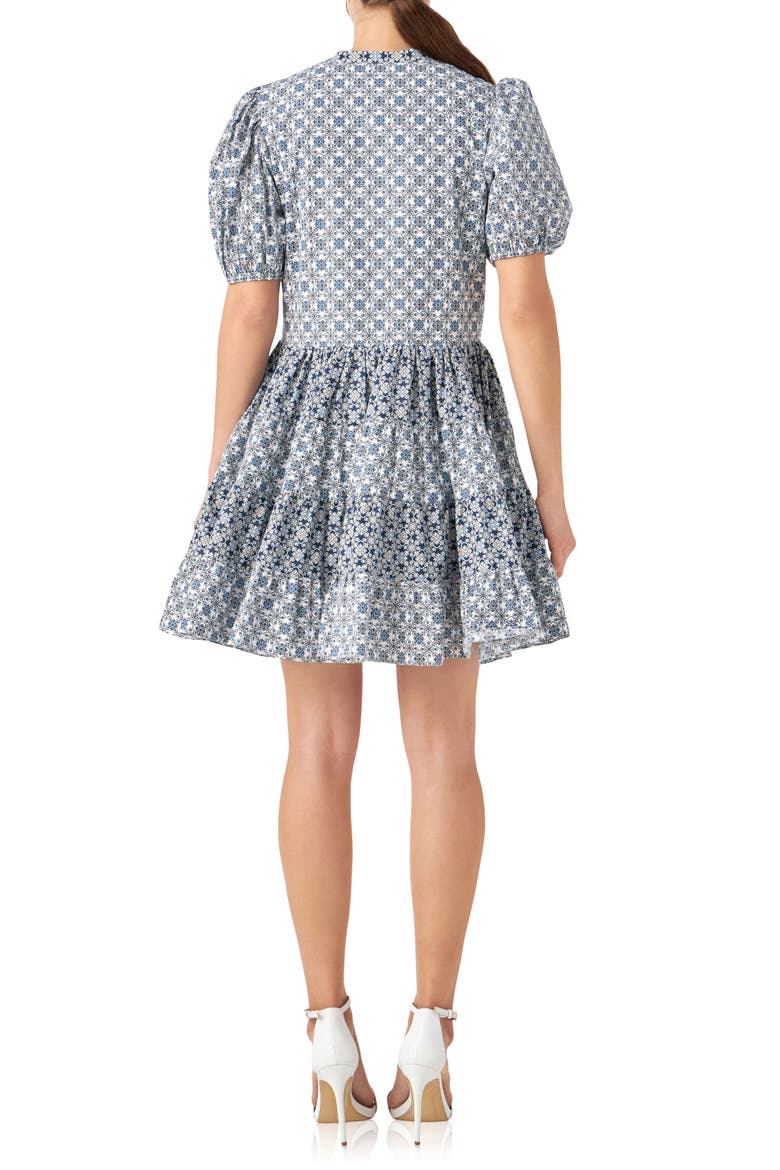 Tile Print Tiered Cotton Dress, Alternate, color, WHITE/ BLUE