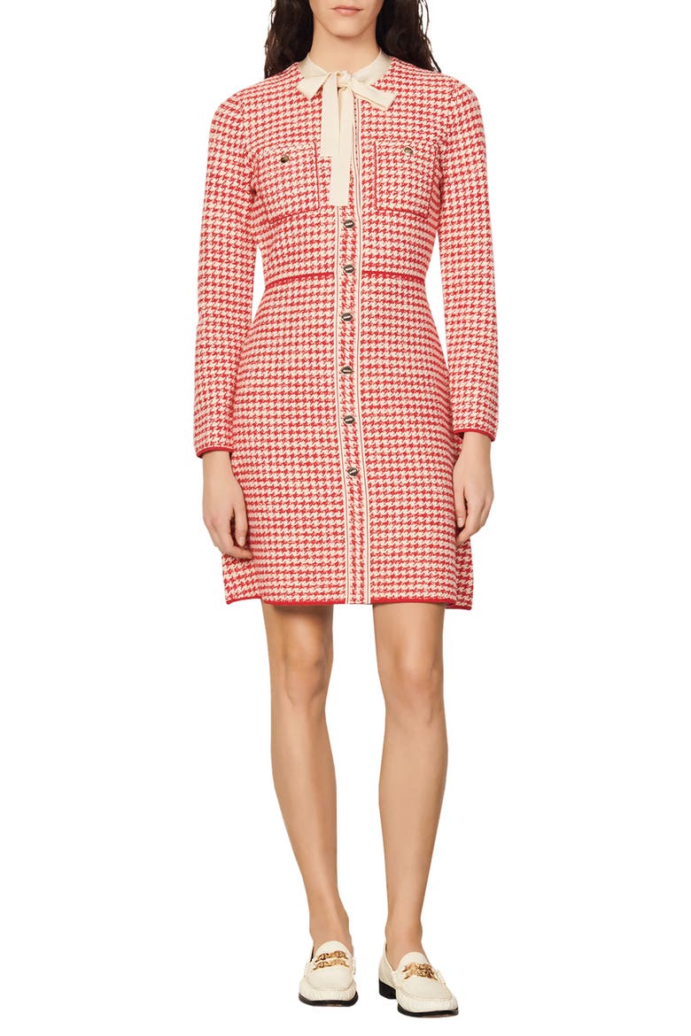 Edmee Houndstooth Long Sleeve Dress, Main, color, ROUGE / ECRU