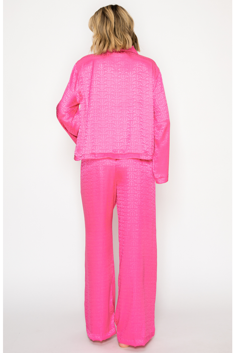 Silky Jacquard Satin Long Sleeve & wide Leg Pajama set, Alternate, color, Raspberry