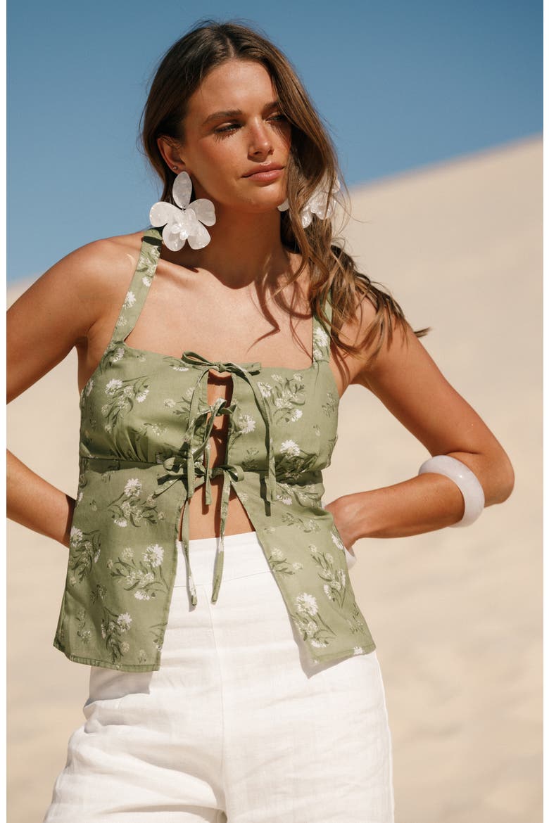 Juliette Floral Tie Front Cotton & Linen Top, Alternate, color, SAGE BOTANICA