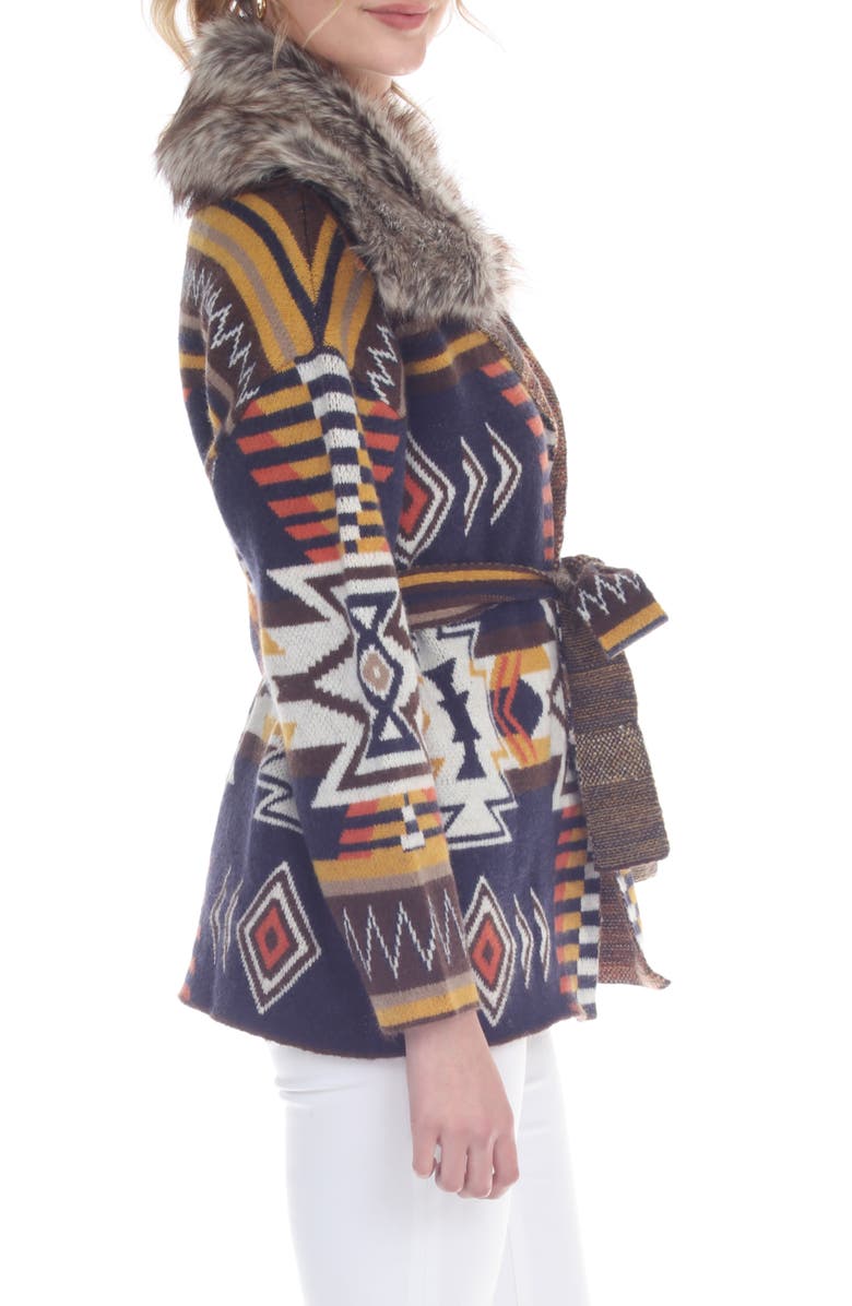 RAIN AND ROSE Geometric Faux Fur Trim Cardigan, Alternate, color, Blue Multi
