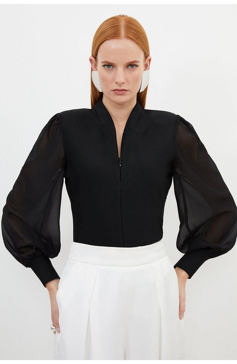 Karen Millen Zip Detail Chiffon Sleeve Knit Top, Main, color, Black