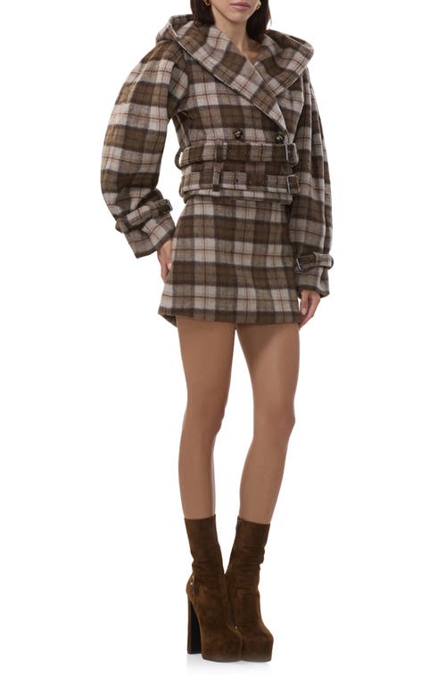 Afrm Halifax Plaid Double Breasted Hooded Crop Jacket In Brown