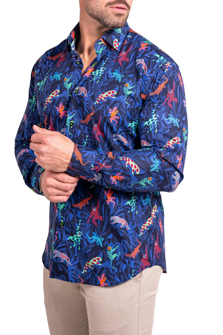 Fibonacci Ascension 0213 Jungle Print Contemporary Fit Button-Up Shirt, Alternate, color, BLUE