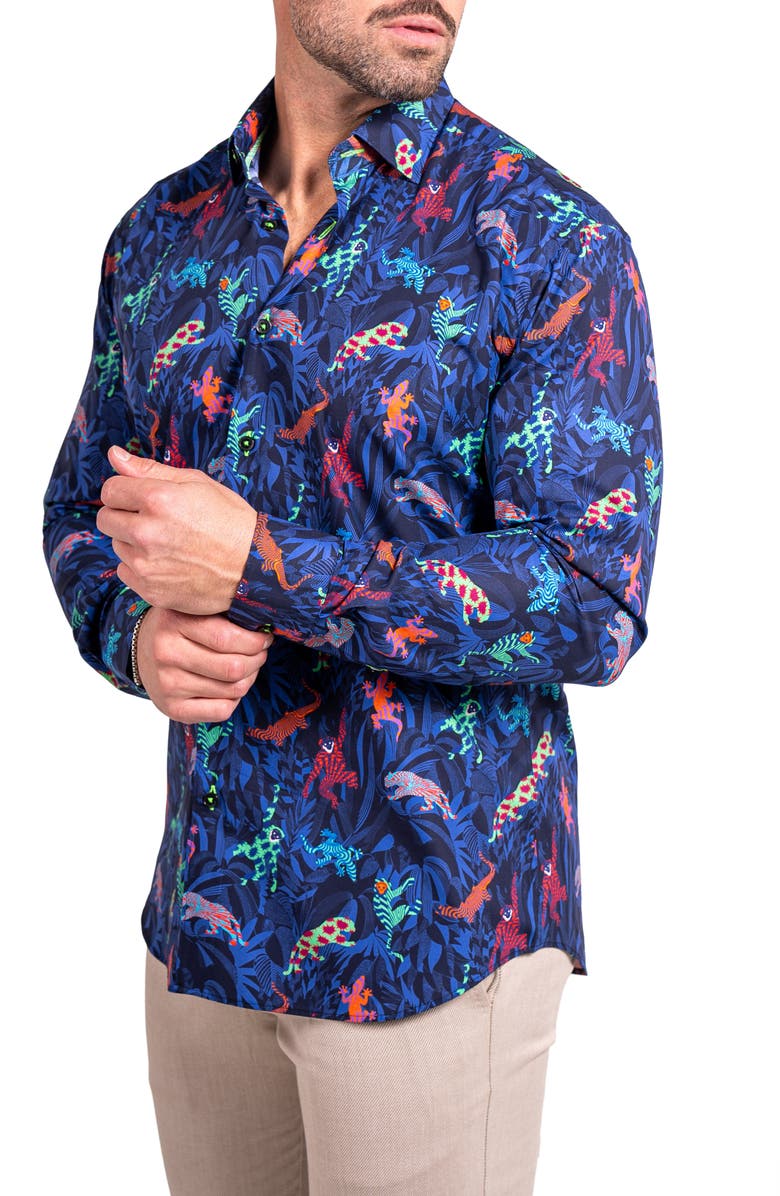 Maceoo Fibonacci Ascension 0213 Jungle Print Contemporary Fit Button-Up Shirt, Alternate, color, Blue