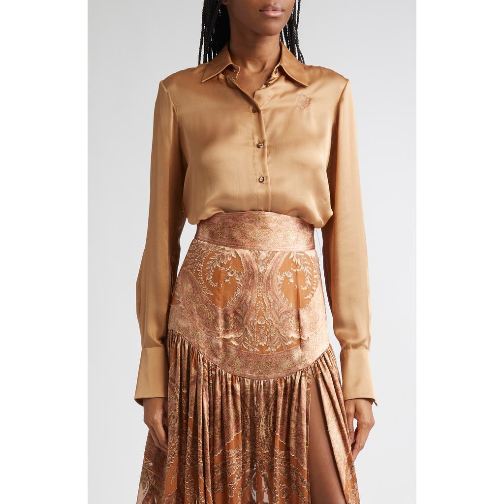 Zimmermann Womens Biscuit Logo-embroidered Silk Shirt In Brown