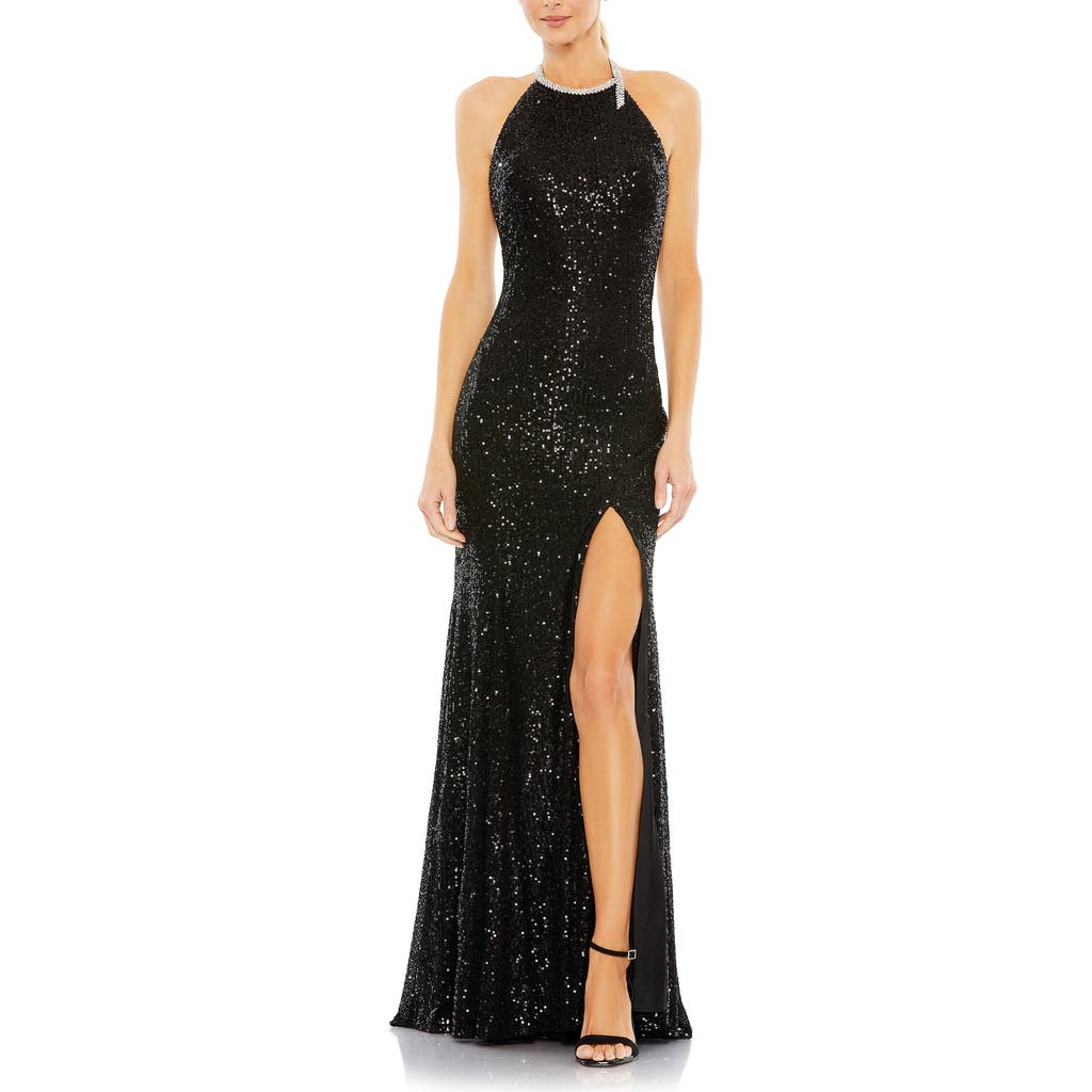 Mac Duggal Ieena Sequin High-neck Rhinestone-trim Column Gown