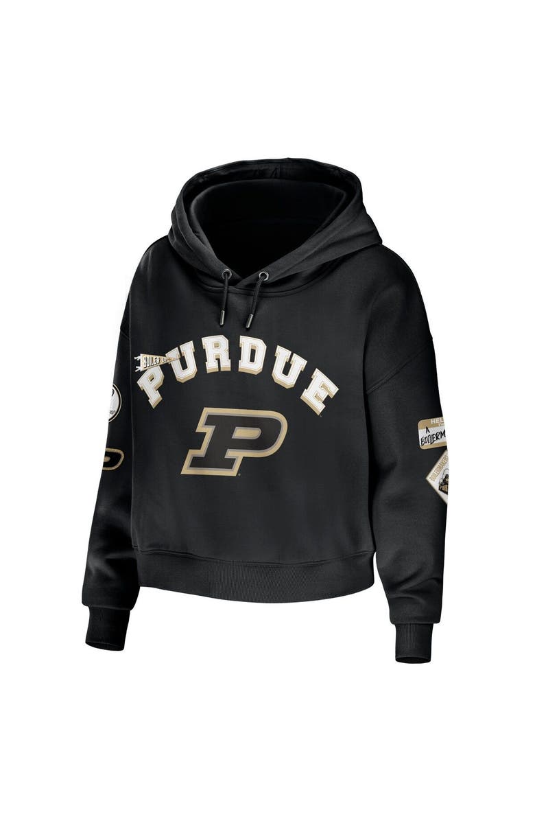 WEAR by Erin Andrews Women's WEAR by Erin Andrews Black Purdue Boilermakers Mixed Media Cropped Pullover Hoodie, Alternate, color, Black