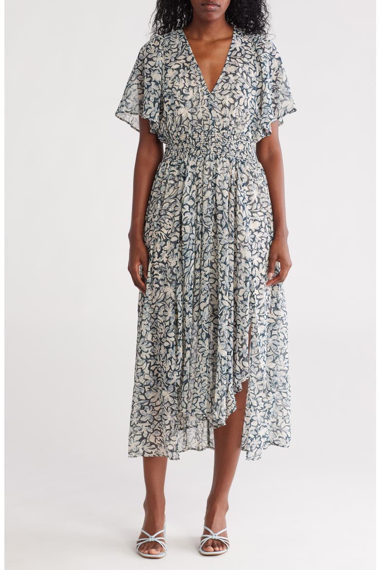 Floral Short Sleeve Smocked Waist Maxi Dress, Main, color, TEAL/ TAUPE