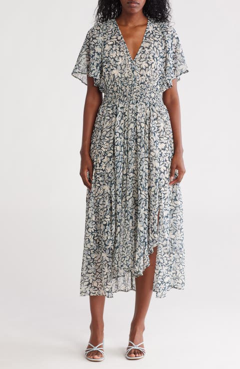 Floral Short Sleeve Smocked Waist Maxi Dress