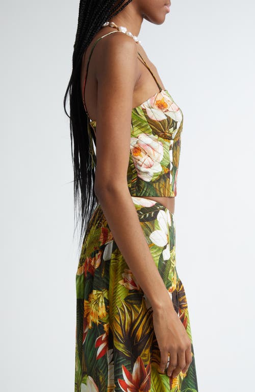 FARM RIO FARM RIO BOTANICAL FOREST CONVERTIBLE STRAP LINEN BLEND CORSET TOP 