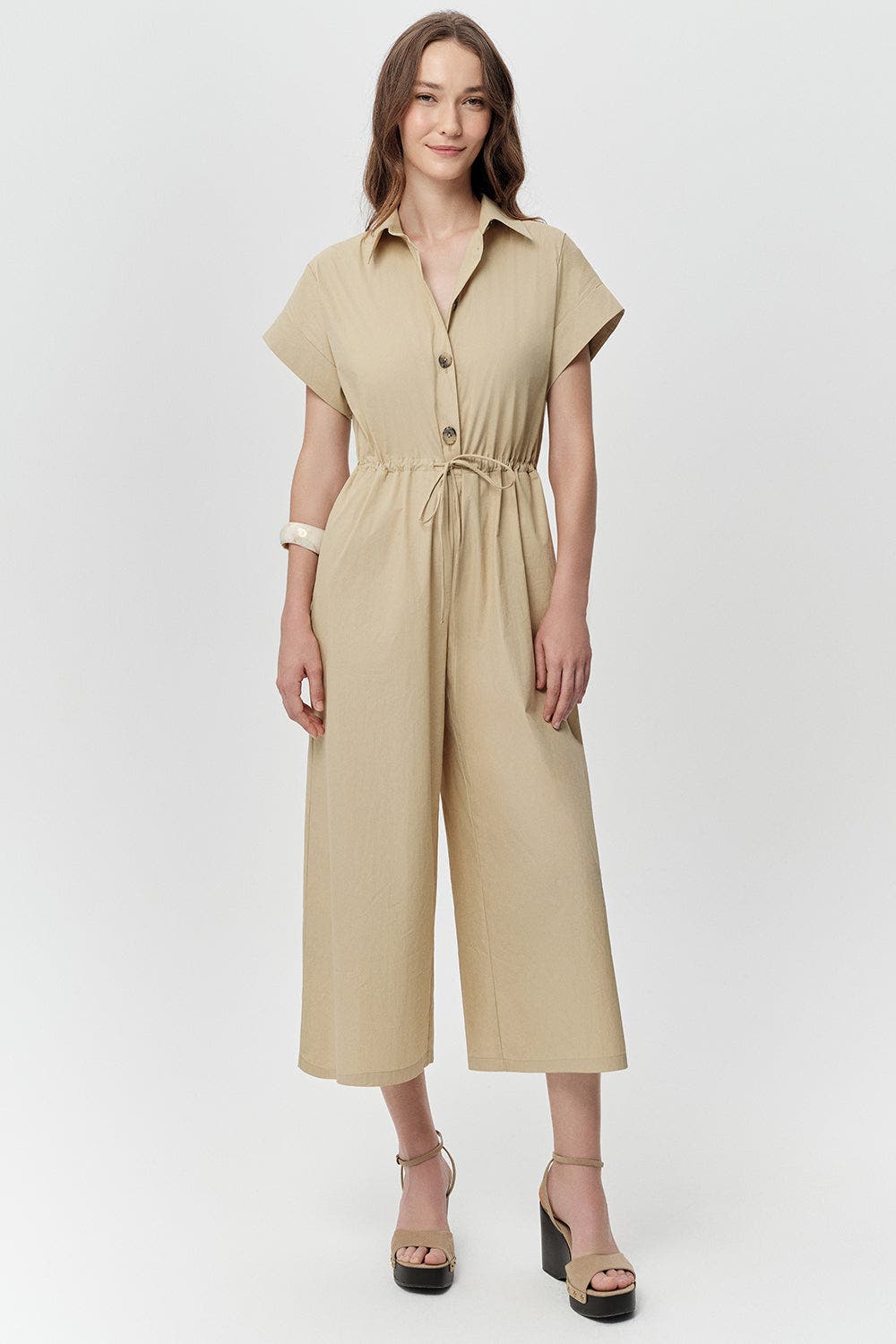 オムニ YMO-103SET Nixie Shirt Collar Short Sleeve Drawstring Waist Jumpsuit (Women