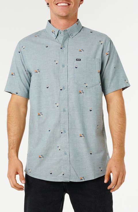 Skelly Breach Tropical Print Short Sleeve Cotton Chambray Button-Down Shirt