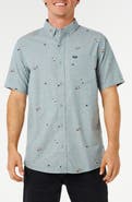 Rip Curl Skelly Breach Tropical Print Short Sleeve Cotton Chambray Button-Down Shirt