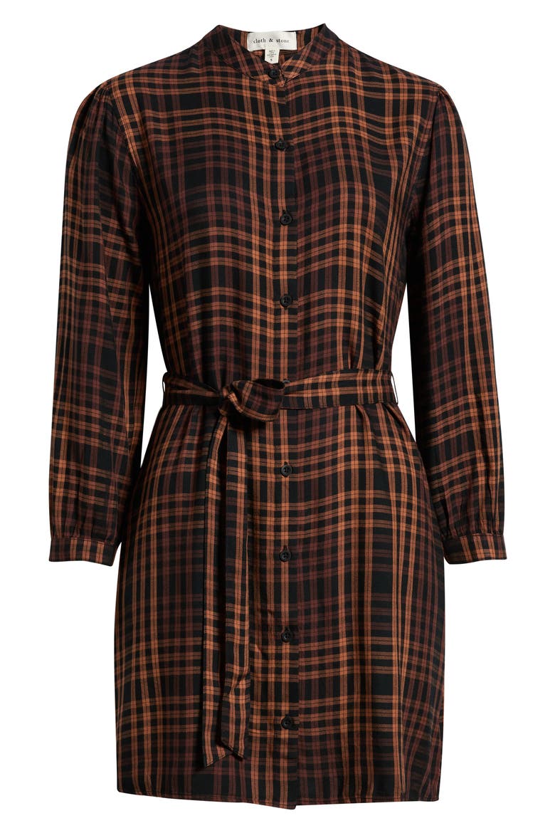 Plaid Puff Shoulder Tie Waist Shirtdress, Alternate, color, AUTUMN EMBER PLAID