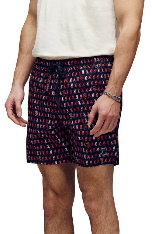 Psycho Bunny Ken Allover Print Swim Trunks In Black