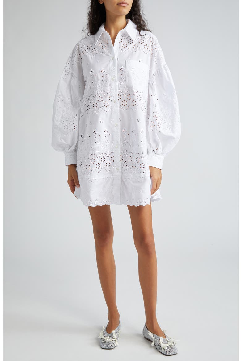 Broderie Anglaise Long Sleeve Mini Shirtdress, Main, color, WHITE/ WHITE