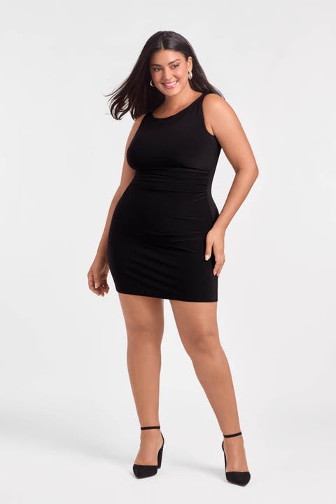 Sculpting Shapewear Shirred Boat Neck Solid Mini Dress