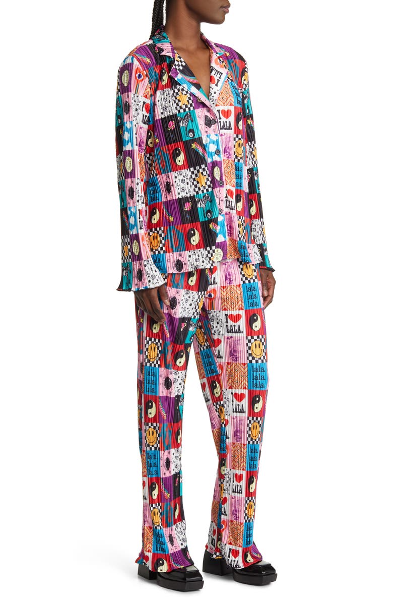 Dressed in Lala Notched Collar Plissé Top & High Waist Pants Set, Alternate, color,