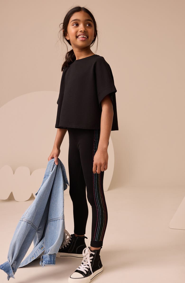 NEXT Kids' Rainbow Seam Diamante Leggings, Alternate, color, Black