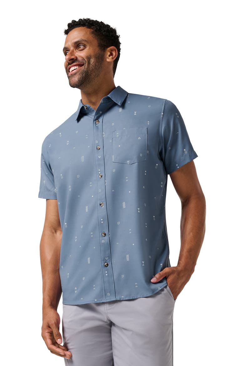 Techwoven Waves Geo Print Short Sleeve Performance Button-Up Shirt, Alternate, color, BLUE HORIZON
