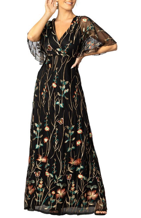 Embroidered Elegance Evening Gown with Sleeves