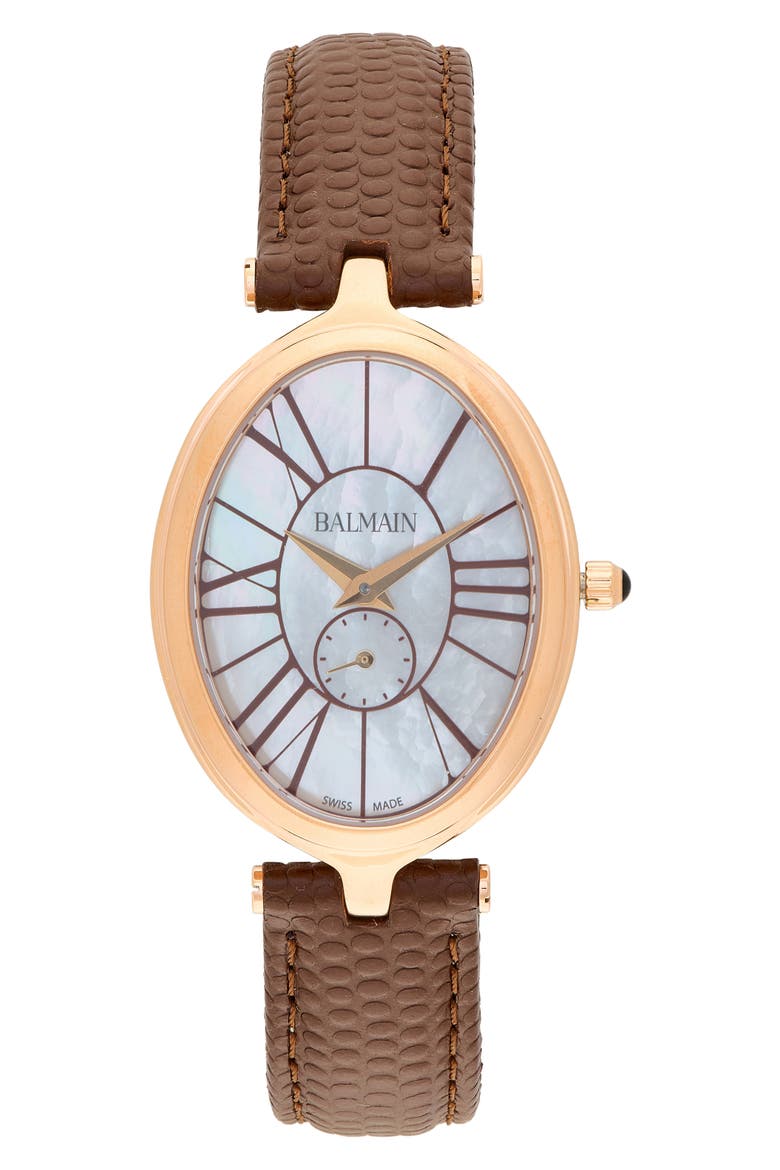 Haute Elegance Oval Leather Strap Watch, 26mm x 32mm, Main, color, YELLOW GOLD BROWN