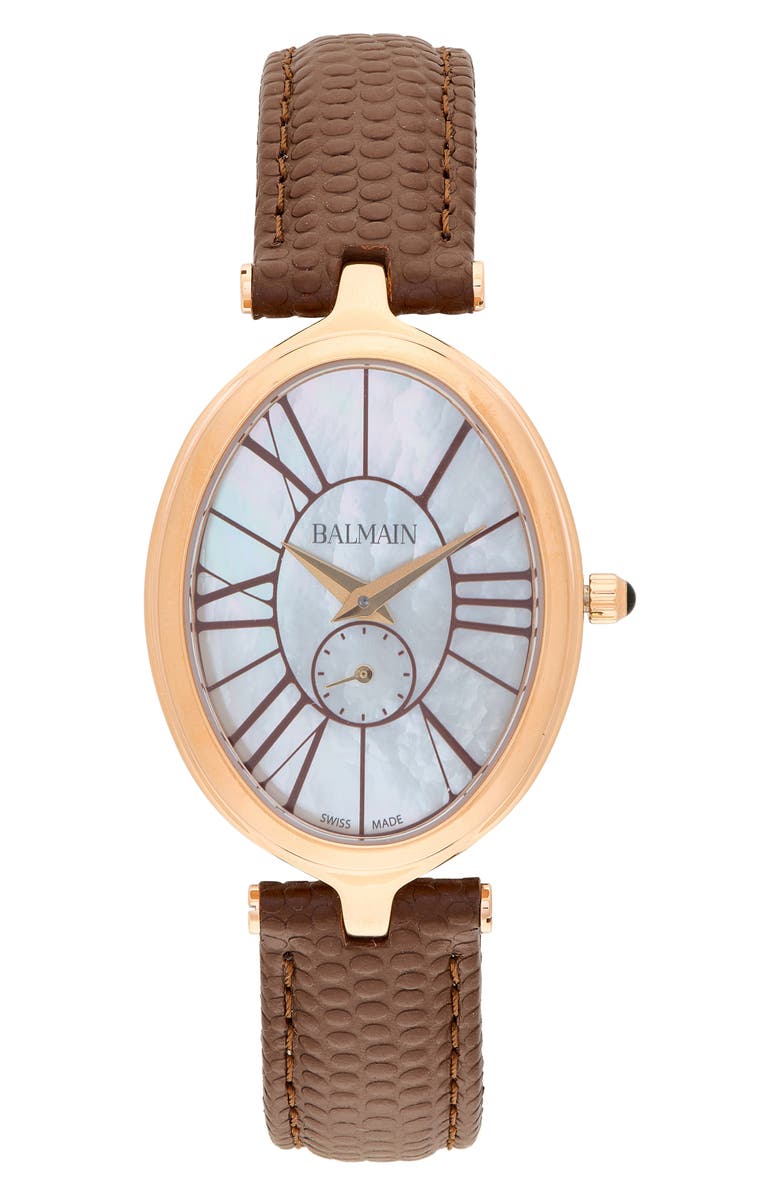 Balmain Haute Elegance Oval Leather Strap Watch, 26mm x 32mm, Main, color, Yellow Gold Brown