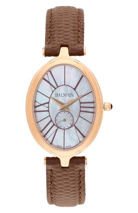 Haute Elegance Oval Leather Strap Watch, 26mm x 32mm