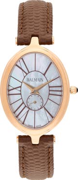 Balmain Haute Elegance Oval Leather Strap Watch, 26mm x 32mm