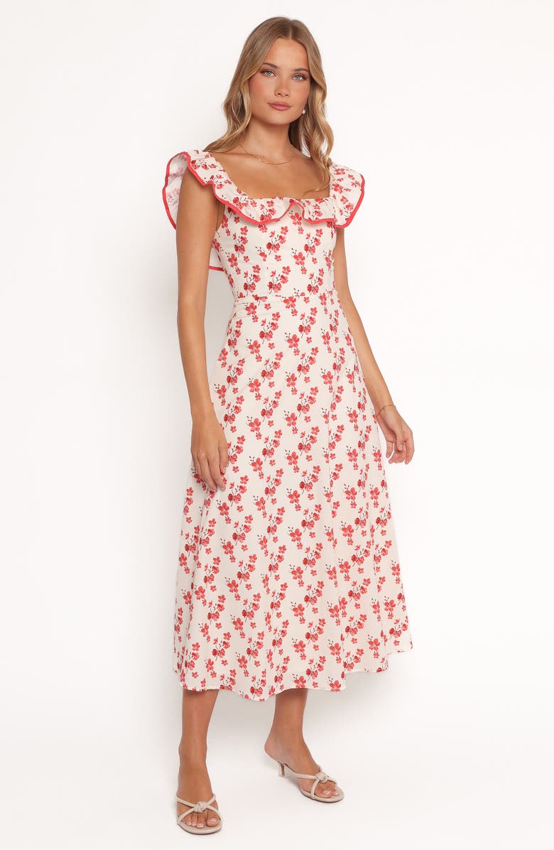 Petal & Pup Lucille Floral Ruffle Cotton Midi Dress, Alternate, color, Red Floral