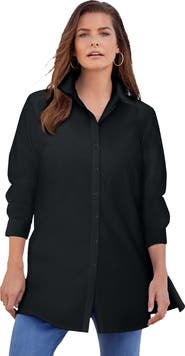 Roaman's Kate Long-Sleeve Crisp Cotton-Blend Button-Front Tunic